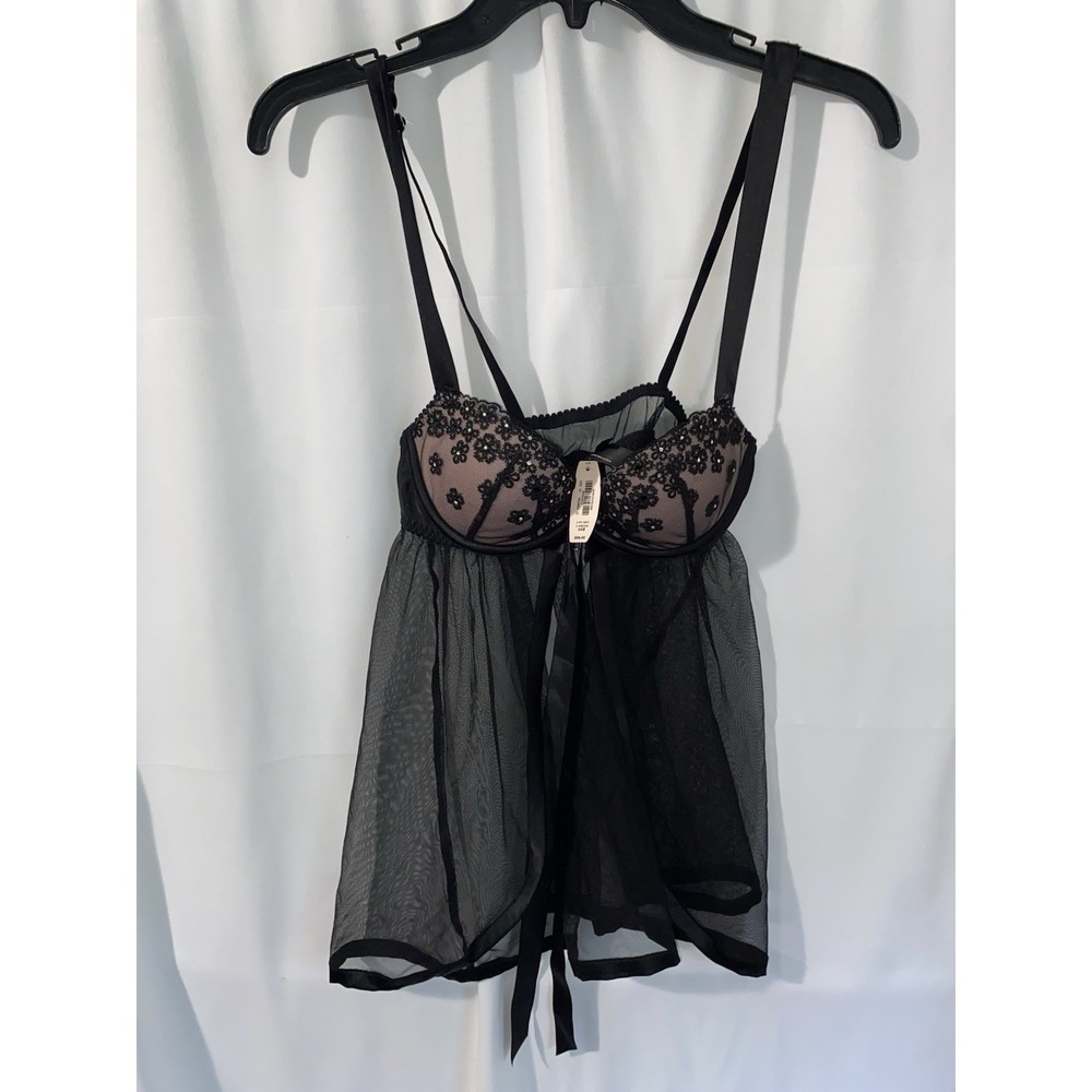 NWT Victoria's Secret Black Babydoll Slip Lingerie 34B Rhinestone‎ Front Closure